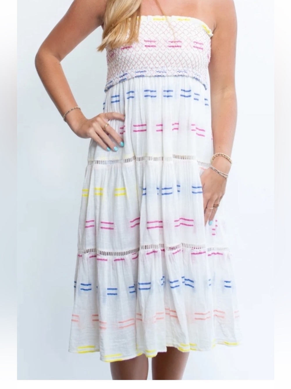 Oliphant XS White Strapless Dress/Skirt Smocked Top Multi-Colored Embroidery